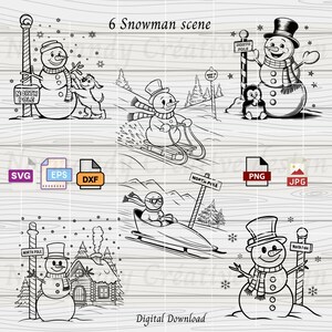 Snowman Scene SVG, 6 Winter Snowman Svg Eps Dxf Png and Jpeg, Great for January & February projects, Winter SVG files, Snowmen Outline SVG
