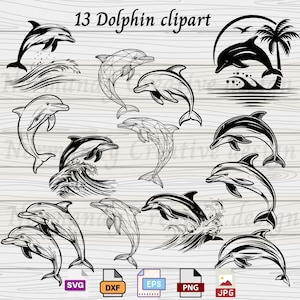 May include: A set of 13 black and white dolphin illustrations in various poses, including jumping out of the water, swimming, and leaping over waves. The illustrations are perfect for use in crafting projects, scrapbooking, or digital design.
