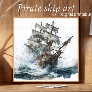 Pirate Ship art, one sailing boat painting Jpg, watercolor sailboat wall art, nautical art, old boat art, digital download, digital print