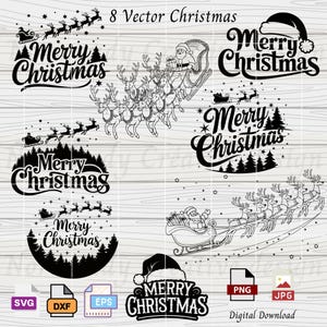 8 Christmas SVG Clipart Bundle, Santa Claus with Sleigh and Reindeer Svg Eps Dxf Png and Jpeg, Christmas Clipart, Merry Christmas Reindeer.