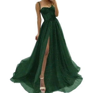 Womens spaghetti strap Glitter tulle prom dress, with split, formal event cocktail dress vestido formal