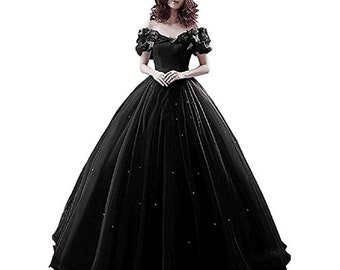 Womens black off the shoulder tulle ball gown with butterfly sleeve details