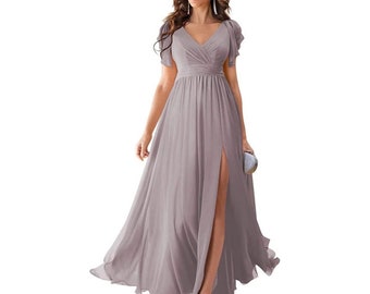 Women's V Neck Chiffon Short Sleeve Bridesmaid Dresses Long