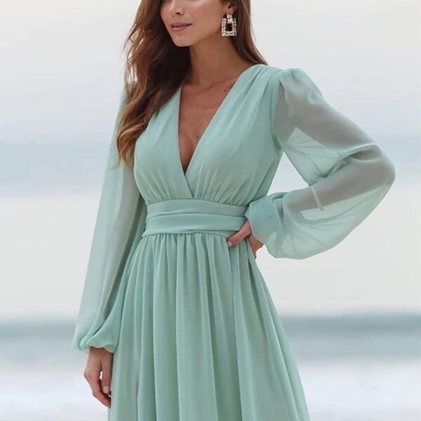 V- Neck Long Sleeve Bridesmaid Dress with Slit Chiffon Ruched gown