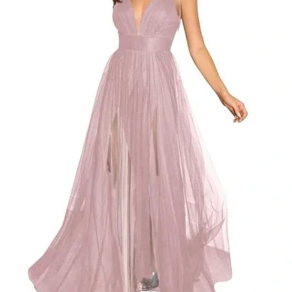 Women's Long tulle Prom Dress with Spaghetti Strap, Deep V-Neck & Slit