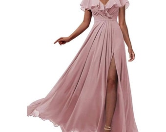 Dusty Rose V Neck Chiffon Bridesmaid Dresses Long with Slit Formal Evening