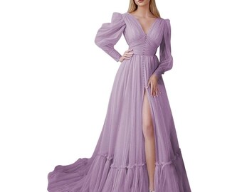 Women's Puffy Long Sleeve Dress With Front Slit