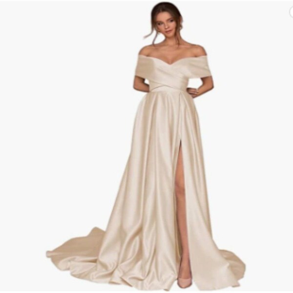 Crossover Off The Shoulder Dress Satin Formal Gowns Ruched, w/pockets champagne