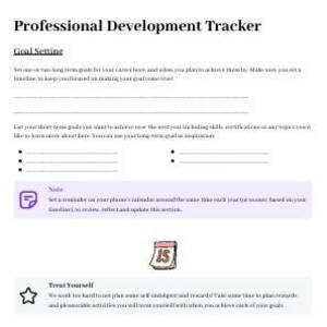 May include: A printable professional development tracker with sections for goal setting, employment tracking, and self-care. The tracker includes a calendar icon, a star icon, and a heart icon with the text "Self Care".