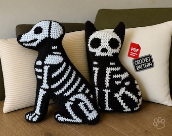 2 in 1 Skeleton Dog And Skeleton Cat Crochet Pattern Set - Spooky Amigurumi Animals for Halloween Decoration or Unique Gift Ideas