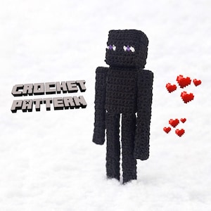 May include: A black crochet Enderman figure with purple eyes, from Minecraft, stands on a snowy surface. The text "CROCHET PATTERN" is displayed in a pixelated font. Red pixelated hearts are scattered nearby.