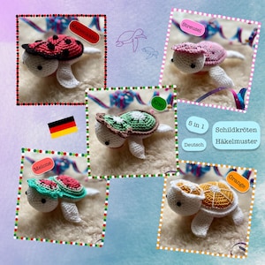 Puede incluir: Cinco patrones de amigurumi de tortuga de ganchillo en un solo juego. Las tortugas están decoradas con diferentes diseños de frutas: kiwi, naranja, sandía, mariquita y chispas rosas. Los patrones están en alemán e incluyen instrucciones para hacer las tortugas.