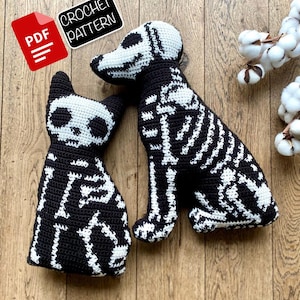 2 in 1 Skeleton Dog And Skeleton Cat Crochet Pattern Set - Spooky Amigurumi Animals for Halloween Decoration or Unique Gift Ideas