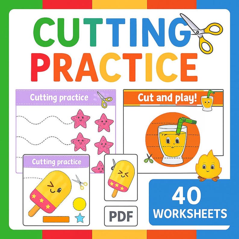 Cutting Worksheets for Kids – 40 Pages | Fine Motor Skills | Preschool Scissor Activities | Printable PDF image 1