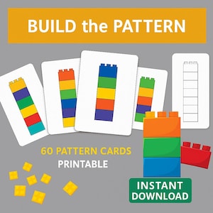 CONSTRUYE EL PATRÓN Tarjetas de juego de bolsa de actividades para niños pequeños Juego educativo con ladrillos Actividades de motricidad fina Materiales Montessori Imprimibles para educación en el hogar