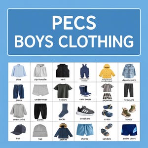 PEC-kaarten voor jongenskleding | Afdrukbaar visueel schema | Communicatietool autisme | Pdf-download | Kleuterschool en onderwijs voor kinderen met speciale behoeften