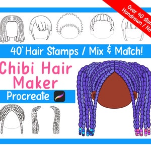 40+ Chibi hair stamp brushes for procreate, chibi stamps, procreate brushes, anime manga guide reference, character creator, hair brushset