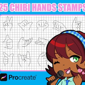 May include: 25 digital stamps of various hand poses in a black and white line art style. The stamps are displayed on a gridded background. The image also features a cartoon illustration of a person with brown skin, red hair, and a blue and white headband. The person is holding a microphone and singing. The text "Procreate" is visible in the bottom left corner of the image.