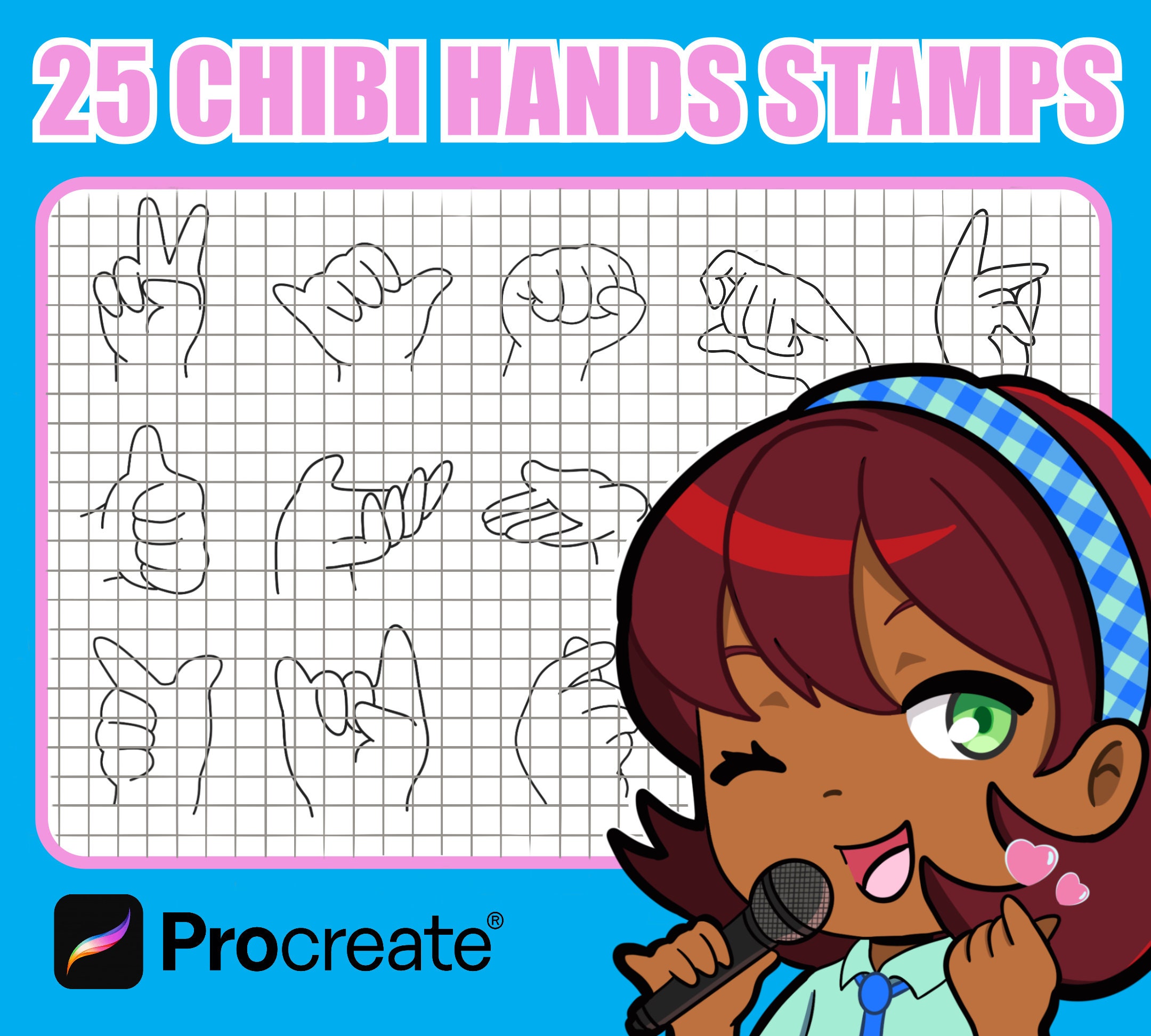 25 Chibi Hand Stamps for Procreate – Cute Hand Pose Brush Set for Sketching, Chibi Bases, and Twitch Emotes