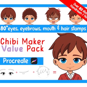 80+ Procreate Chibi Character Creator Stamps Bundle, Free Chibi base included, High Quality Chibi Stamps, Chibi Brushes, Commercial Use