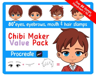 Puede incluir: Una ilustración digital de un paquete de valor de más de 80 sellos de creador chibi dibujados a mano para Procreate. Los sellos incluyen ojos, cejas, bocas y cabello. La ilustración muestra un lindo personaje chibi con cabello castaño, ojos azules y una camisa roja.