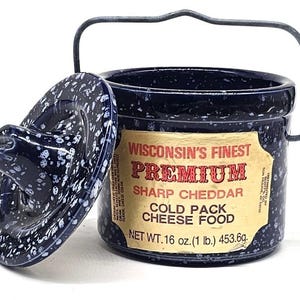 Vintage Wisconsin’s Finest Premium Sharp Cheddar Blue Speckled Crock / Pail