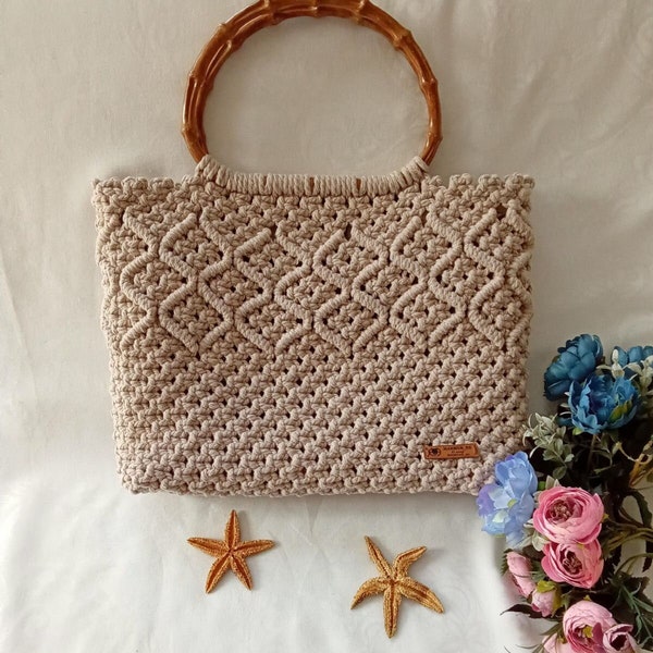 Handcrafted Crochet Tote with Wooden Handles - Beachy Elegance - Crochet Bag