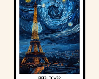 Parigi notte stampa parete arte Torre Eiffel appeso a parete Home Décor Parigi regalo amanti dell'arte Van Gogh amante dell'arte regalo stampa opera d'arte Città della luce