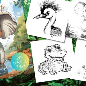 Jungle Wildlife Coloring Pages, Jungle Animals Coloring Page, elephant, crane, crocodile, giraffe, lion, chimp, ibex, kudu, mongoose, hyena, rhino, zebra, cheetah, warthog, leopard, hippo, meerkats, wildebeest, coloring page for kids, cute animals