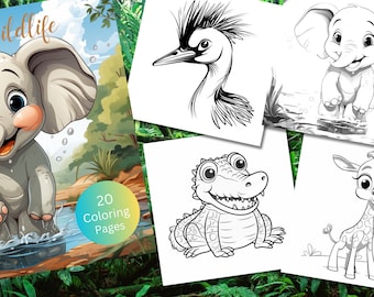 Jungle Wildtiere Malseiten für Kinder, 20 Malseiten, Malbuch, Arbeitsblätter, sofortiger Download, druckbare Tiere