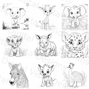 Elephant, Giraffe, Lion cub, Rhino, Baby Cheetah, Zebra, Baby Hyena, Crowned Crane