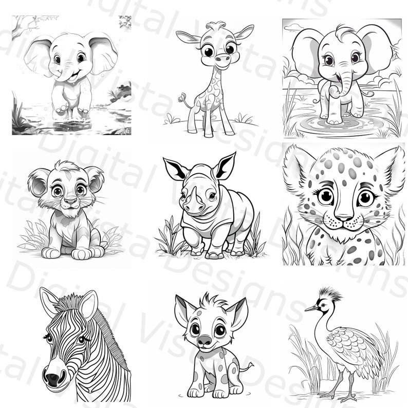 Elephant, Giraffe, Lion cub, Rhino, Baby Cheetah, Zebra, Baby Hyena, Crowned Crane