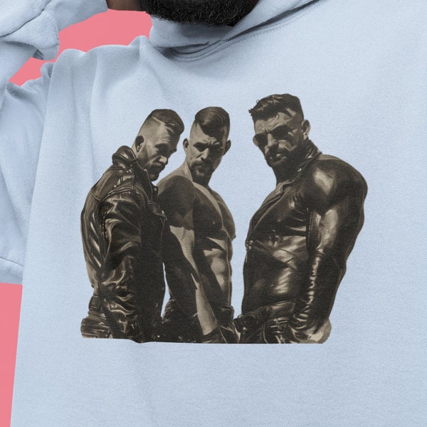 Leather Men Trio Unisex Heavy Blend Hoodie | LGBTQIA+ Hooded Sweatshirt | Gay Pride Unisex Top | Proud and Fabulous Clothing | Fab Homo