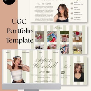 May include: A digital UGC Portfolio Template displayed on a computer screen. The template includes sections labeled "About Me," "Photos," and "Contact Me," with the name "Aspen Randall" prominently featured. The design incorporates a Canva logo and vertical striped backgrounds.