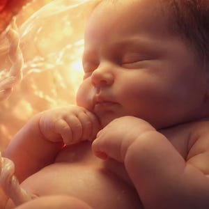 May include: A human foetus with closed eyes and soft features rests in a warm, amber-toned environment. The umbilical cord is visible, curving alongside the body, while the surrounding translucent membrane glows with a soft, diffused golden light.