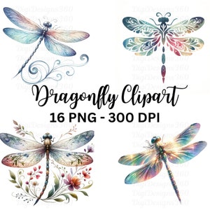 Op de afbeelding: Een set van vier digitale clipart-afbeeldingen met aquarellibellen met ingewikkelde details. De libellen zijn in verschillende kleuren, waaronder blauw, groen, roze en paars. De afbeeldingen zijn van hoge resolutie en perfect voor knutselprojecten, scrapbooking en digitaal ontwerp.