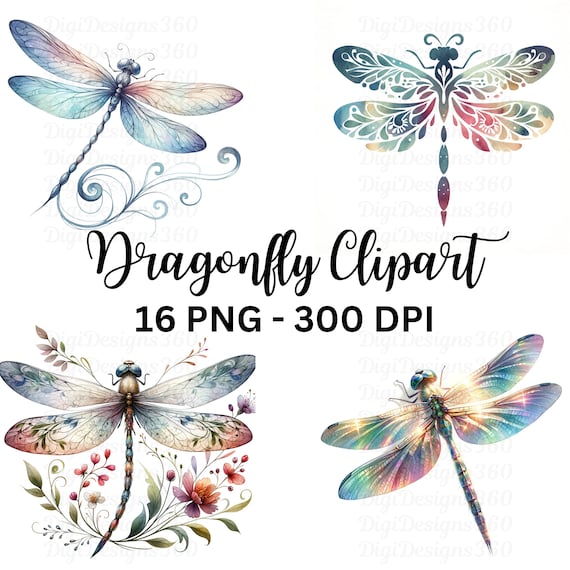 Watercolor Dragonfly Clipart Set, Vibrant Digital Dragonflies for DIY Invitations & Crafts, Commercial Use
