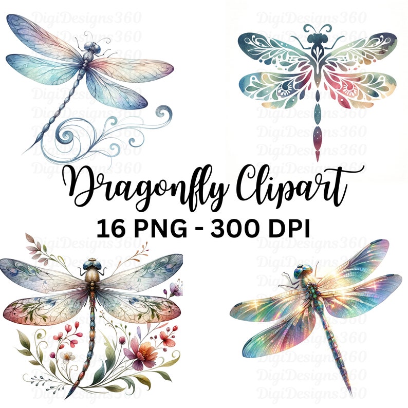 Op de afbeelding: Een set van vier digitale clipart-afbeeldingen met aquarellibellen met ingewikkelde details. De libellen zijn in verschillende kleuren, waaronder blauw, groen, roze en paars. De afbeeldingen zijn van hoge resolutie en perfect voor knutselprojecten, scrapbooking en digitaal ontwerp.