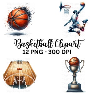Clipart de baloncesto - Gráficos deportivos de acuarela, descarga digital, perfecto para proyectos creativos, uso comercial