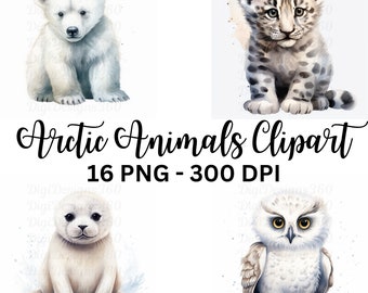 Clipart de animales árticos en acuarela, decoración infantil (descarga digital)