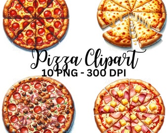 Set di clipart di pizza ad acquerello: 10 grafiche alimentari PNG (uso commerciale)