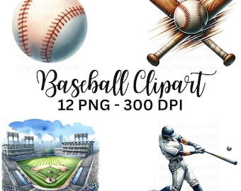 Baseball Clipart PNG, Watercolor Sports Graphics, Digital Download for DIY Projects, Commercial Use