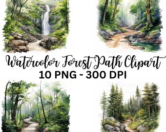 Majestic Forest Path Clipart Collection - Lush Watercolor Digital Graphics, Commercial Use