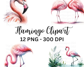 Watercolor Pink Flamingo Clipart – Tropical Bird Graphics (12 PNG)
