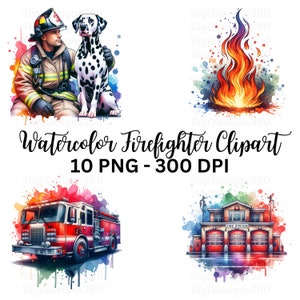 Eye-Catching Firefighter Designs | Lively Fireman Clipart | Vibrant Watercolor Firetruck Art | PNG Fire Truck Images | Firefighter Clip Art
