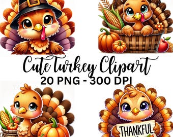 Turkey Watercolor Clipart, Thanksgiving PNG Graphics (Digital Download)