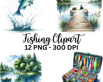 Watercolor Fishing Clipart – Angling Illustrations, Scrapbooking (Digital Download)