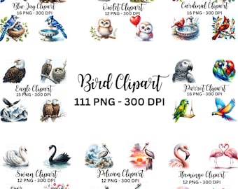 Paquete de imágenes prediseñadas de aves en acuarela: 111 gráficos PNG (descarga digital)