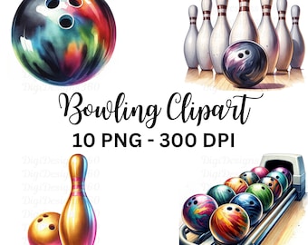 Ensemble de cliparts aquarelle PNG Bowling, graphiques sportifs amusants pour projets de scrapbooking numérique et de bricolage, usage Commercial