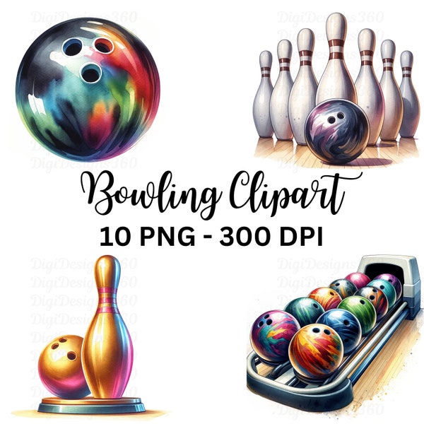 Bowling PNG aquarel clipart set, leuke sport graphics voor digitale scrapbooking & doe-het-zelf-projecten, commercieel gebruik